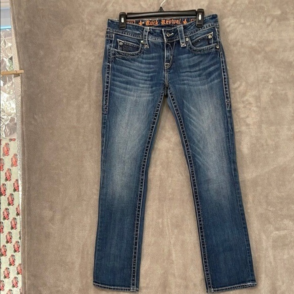 Rock Revival Women Jeans Rhinestone Embellished EVELYN BOOT Denim Sz‎ 29 WESTERN
